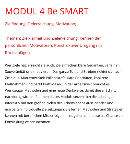 MODUL 4 Be SMART Zielfindung, Zielerreichung, Motivation;  Themen: Zielklarheit und Zielerreichung, Kennen der persönlichen Motivatoren; Konstruktiver Umgang mit Rückschlägen  Wer Ziele hat, erreicht sie auch. Ziele machen klare Gedanken, verleihen Souveränität und motivieren. Das ganze Tun und Streben richtet sich auf Ziele aus. Man entwickelt Willenskraft, klare Prioritäten, konkrete Maßnahmen und packt kraftvoll an.  In der Arbeitswelt braucht es Werkzeuge, Methoden und eine neue Denkweise, damit dieser Schritt nachhaltig wird.Im Rahmen dieses Moduls setzen sich die Lehrlinge interaktiv mit den großen Zielen des Arbeitslebens auseinander und erarbeiten individuelle Zielsetzungen. Sie lernen Methoden und Strategien kennen mit beruflichen Misserfolgen umzugehen und diese als Chance zur Entwicklung wahrzunehmen.