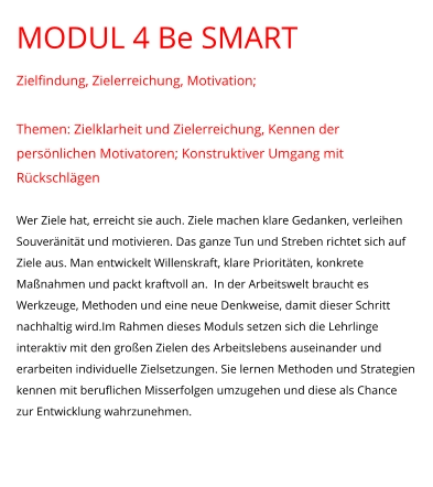 MODUL 4 Be SMART Zielfindung, Zielerreichung, Motivation;  Themen: Zielklarheit und Zielerreichung, Kennen der persönlichen Motivatoren; Konstruktiver Umgang mit Rückschlägen  Wer Ziele hat, erreicht sie auch. Ziele machen klare Gedanken, verleihen Souveränität und motivieren. Das ganze Tun und Streben richtet sich auf Ziele aus. Man entwickelt Willenskraft, klare Prioritäten, konkrete Maßnahmen und packt kraftvoll an.  In der Arbeitswelt braucht es Werkzeuge, Methoden und eine neue Denkweise, damit dieser Schritt nachhaltig wird.Im Rahmen dieses Moduls setzen sich die Lehrlinge interaktiv mit den großen Zielen des Arbeitslebens auseinander und erarbeiten individuelle Zielsetzungen. Sie lernen Methoden und Strategien kennen mit beruflichen Misserfolgen umzugehen und diese als Chance zur Entwicklung wahrzunehmen.